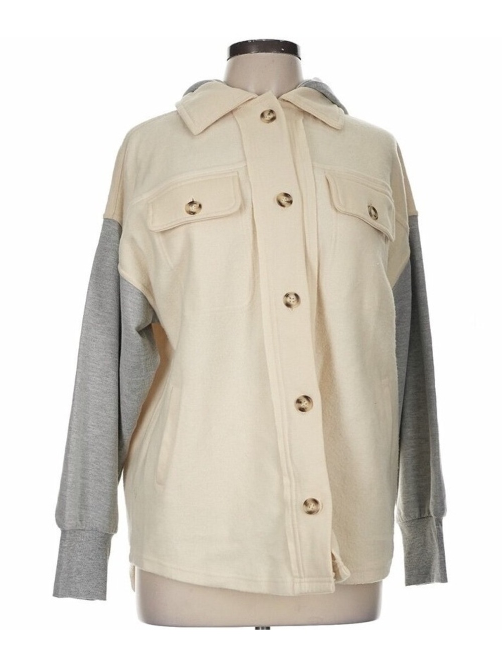 BKE Colorblock Hooded Jacket Cream Gray Snap Front